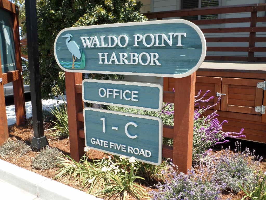 Well Design Waldo Point Harbor Sausalito Office Monument Sign Sandblasted Sign Panels Wood Posts